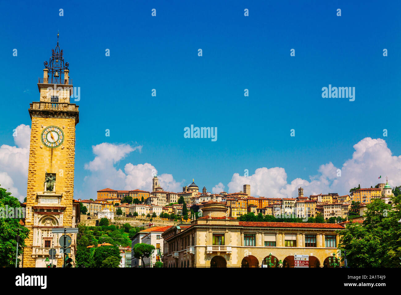 Citta Alta and clock tower in Bergamo city, Italy Stock Photo