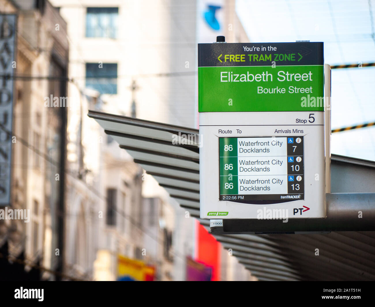 Real-time tram information shown on the digital screen above tram stop in CBD. Melbourne, VIC Australia. Stock Photo