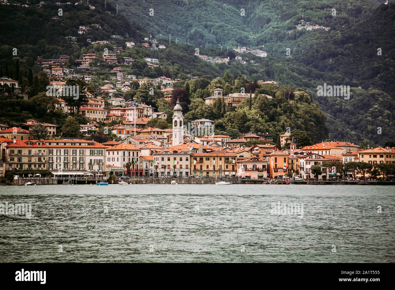 Filtered image of Menaggio town seen from Como Lake, Italy Stock Photo