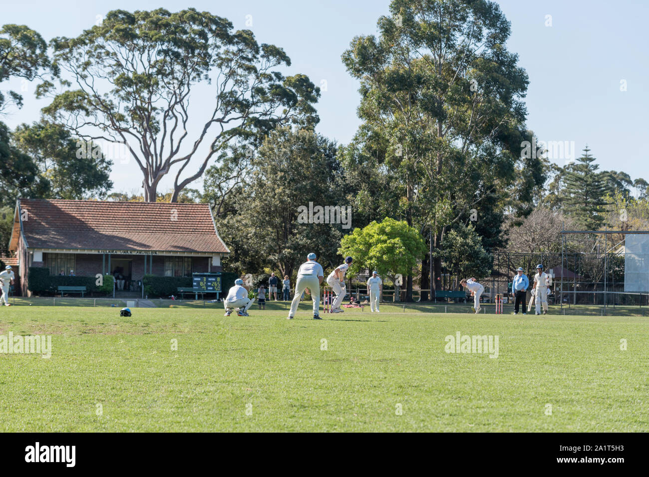 Cricketers play a weekend match on Bert Oldfield Oval in the leafy north shore suburb of Killara in Sydney Australia. Stock Photo