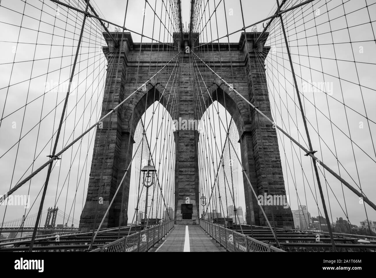 Brooklyn Bridge architecture in black and white tone, New York City Stock Photo