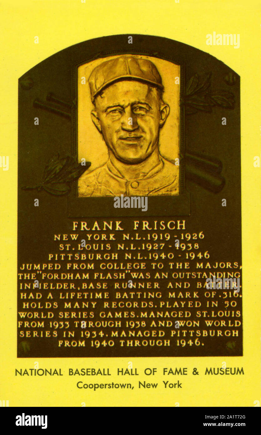 National Baseball Hall of Fame souvenir postcard depicting plaque of Frank Frisch. Stock Photo