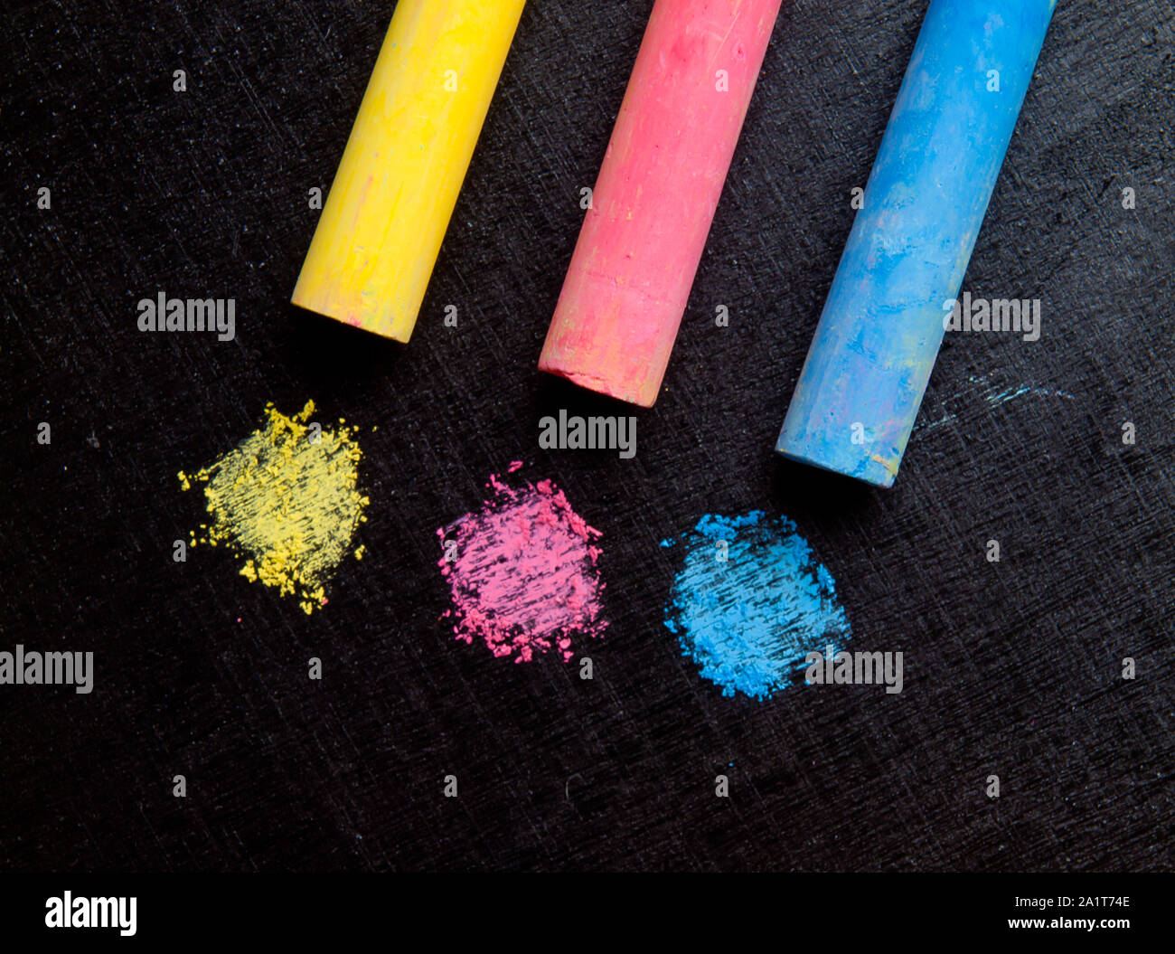 colored chalk, primary colors , Yellow, red, blue Stock Photo Alamy