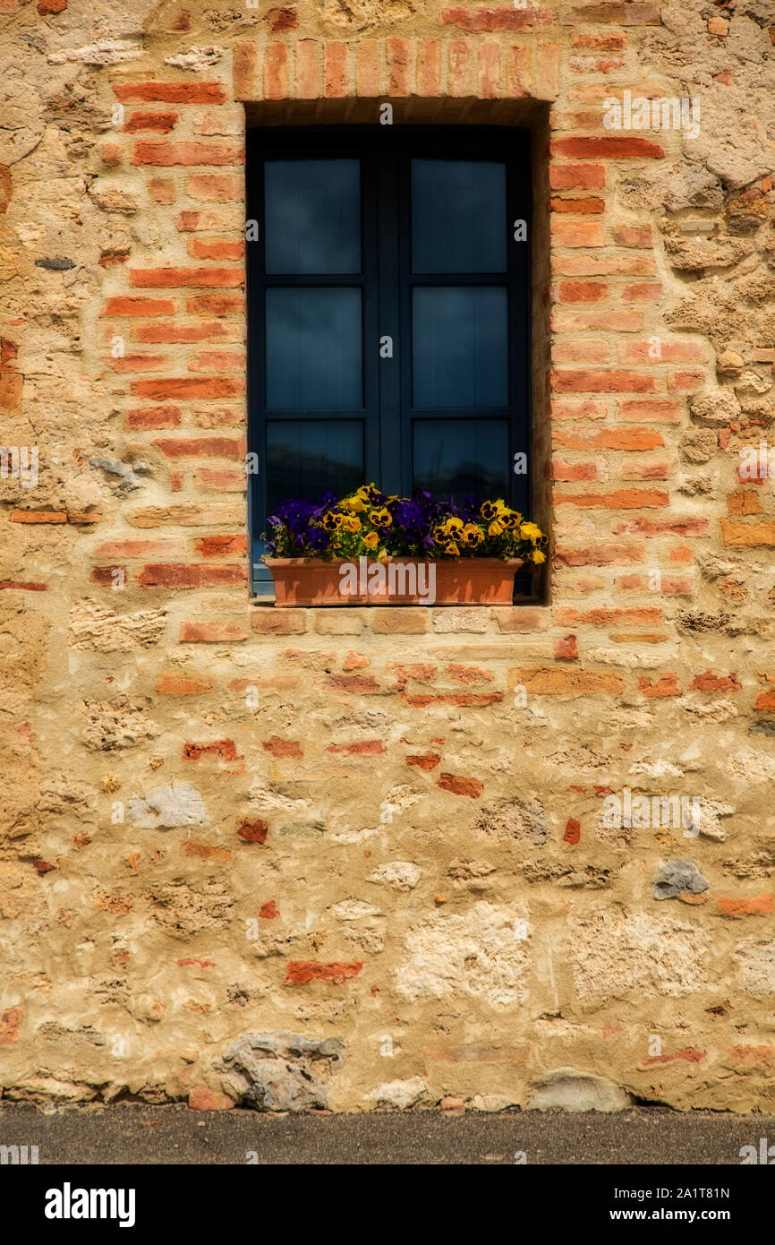 Flowers on an old brick window sill Stock Photo
