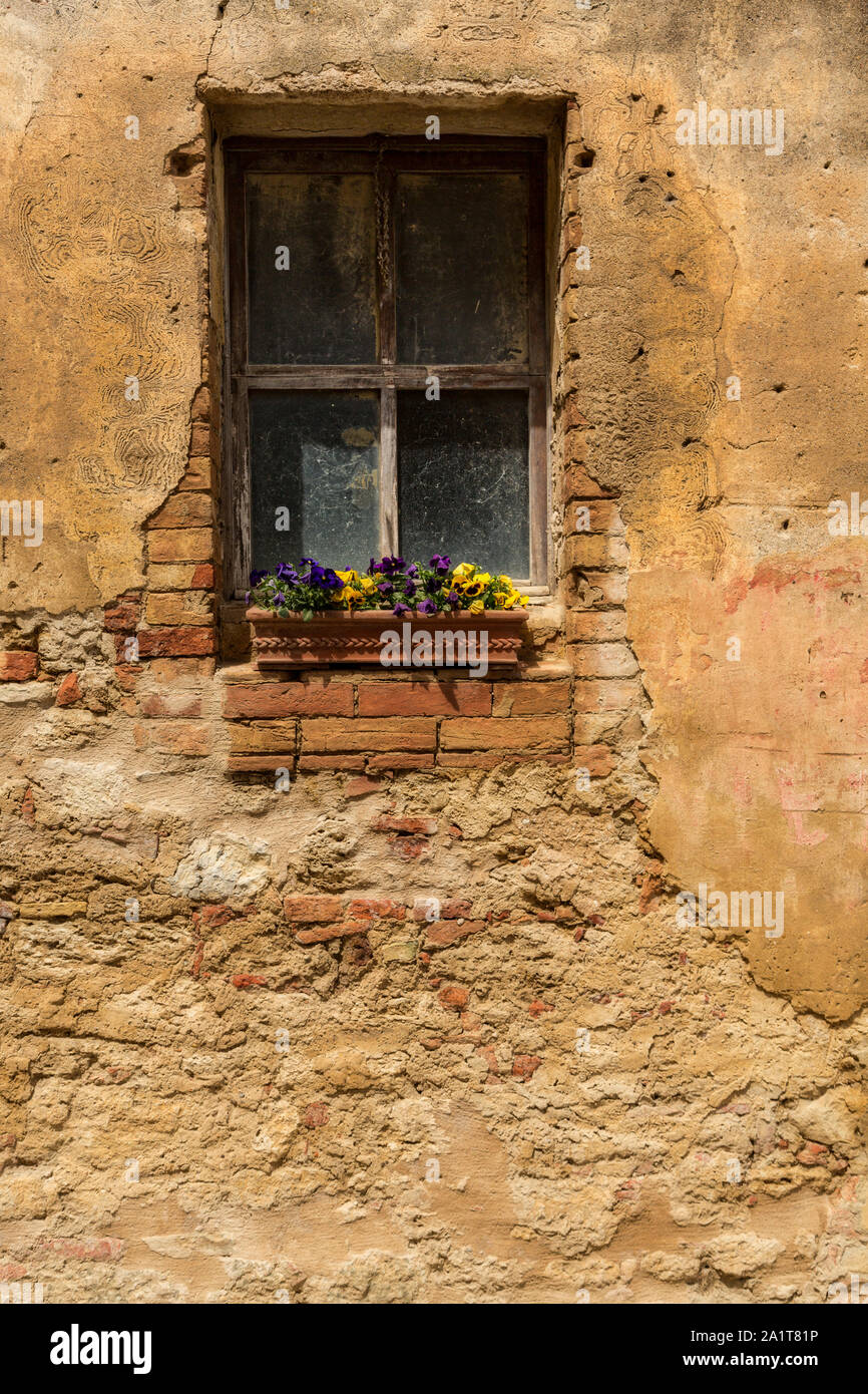 Flowers on an old brick window sill Stock Photo
