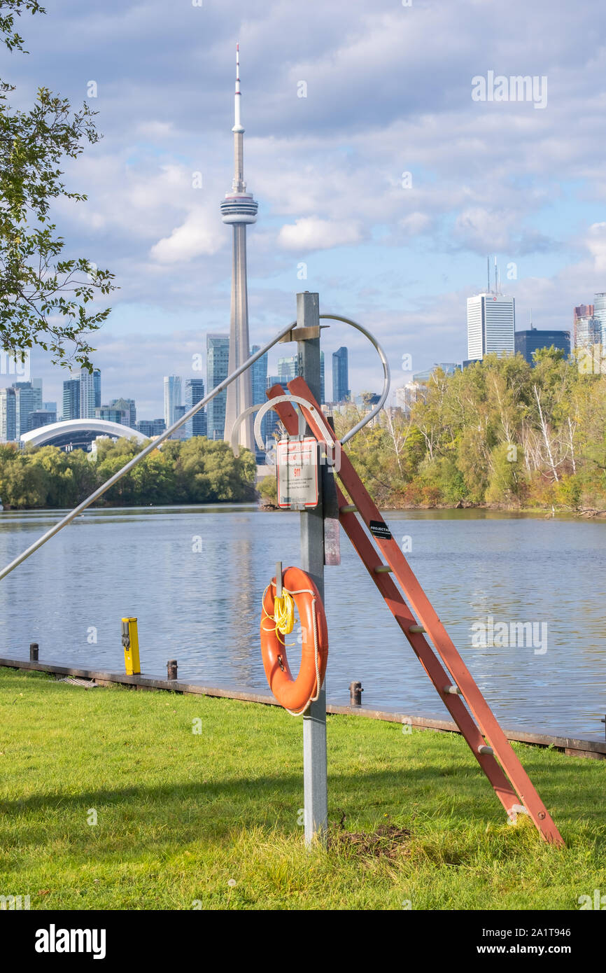 Life saving equipment placed along the shores of the Toronto Islands to be available in case of an emergency. Stock Photo