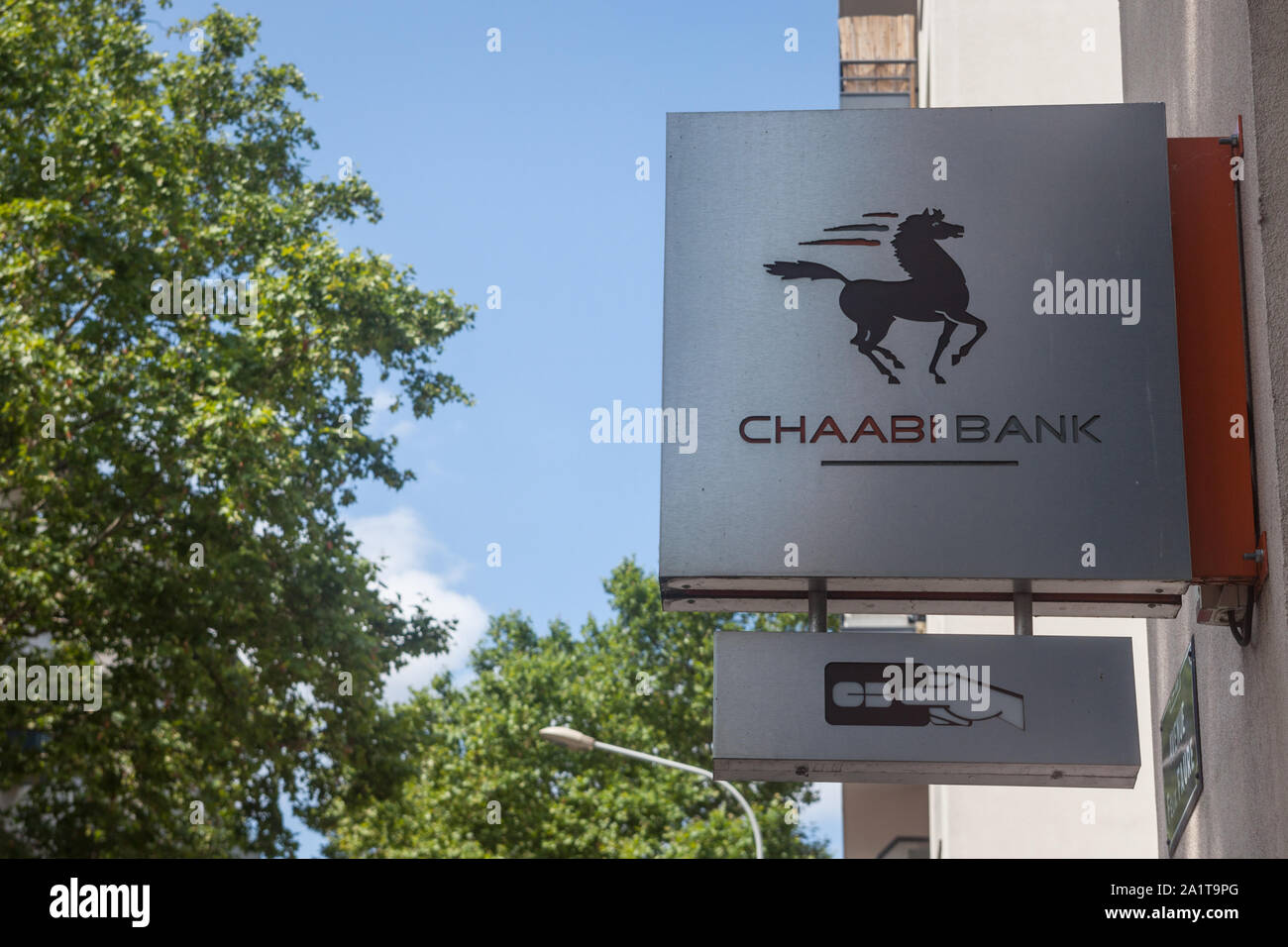 LYON, FRANCE - JULY 15, 2019: Chaabi Bank logo in front of their main office in Lyon. Also called Banque Chaabi du Maroc, BCDM, it is the French branc Stock Photo