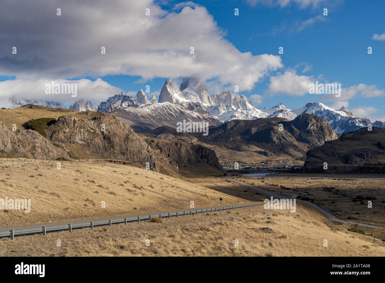 The road to el chalten with  mount fitzroy and cerro torre in the background Stock Photo