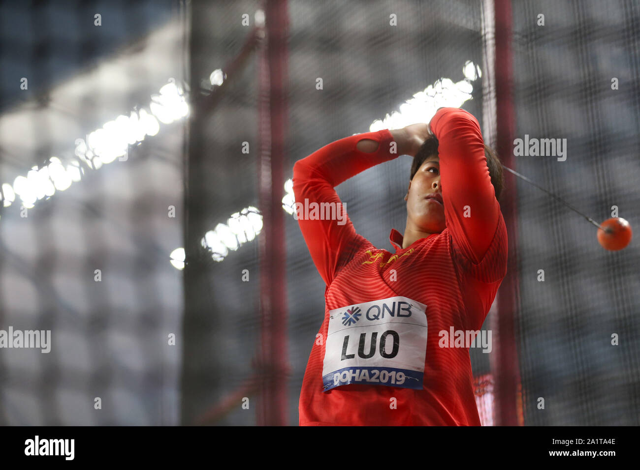 Duoha, Qatar. 28th Sep, 2019. China's Luo Na competes during the women's hammer throw final at