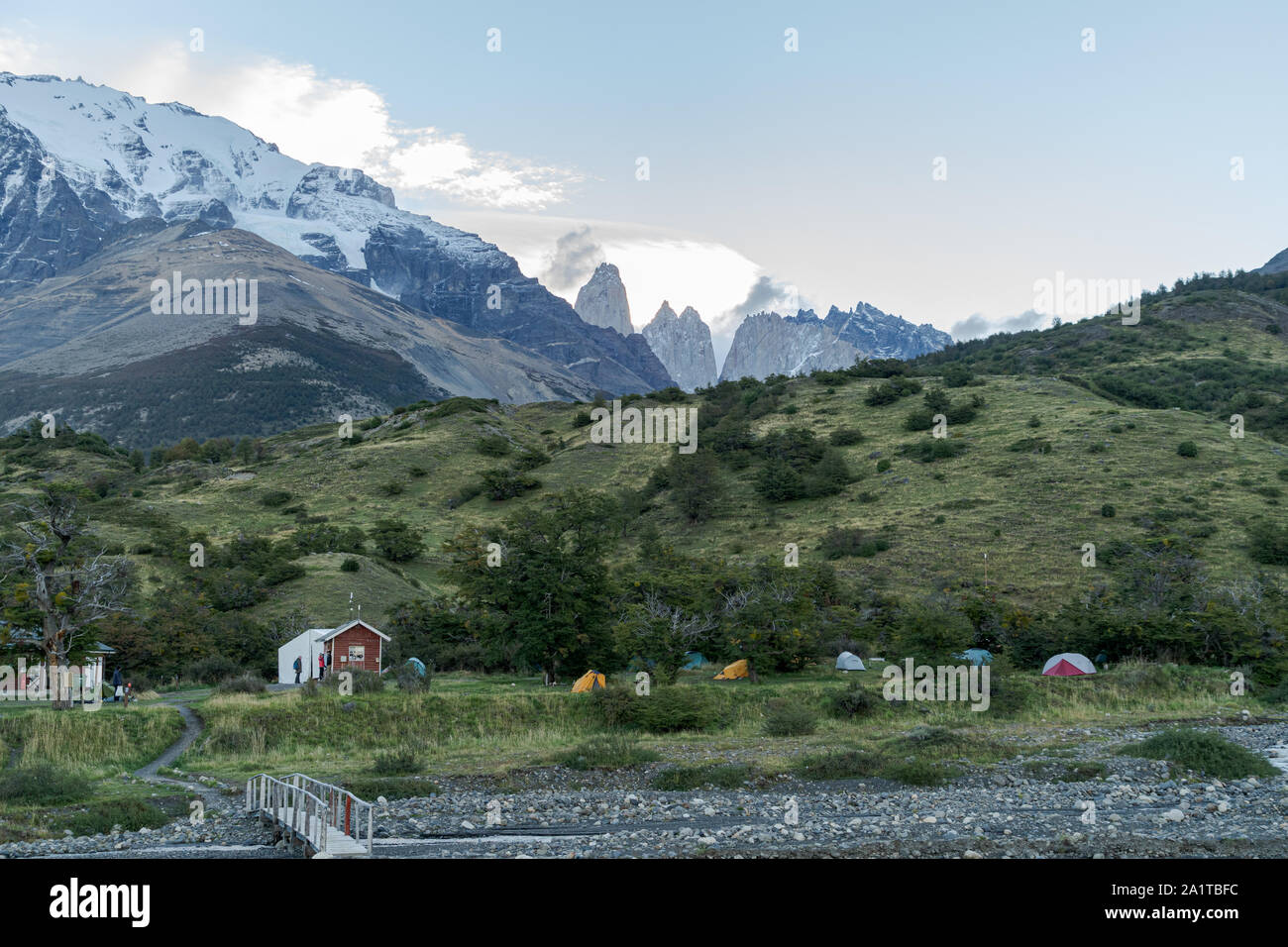 Campamento Central with two of the Torres del Paine on the background. Torres del Paine National Park, Chile Stock Photo