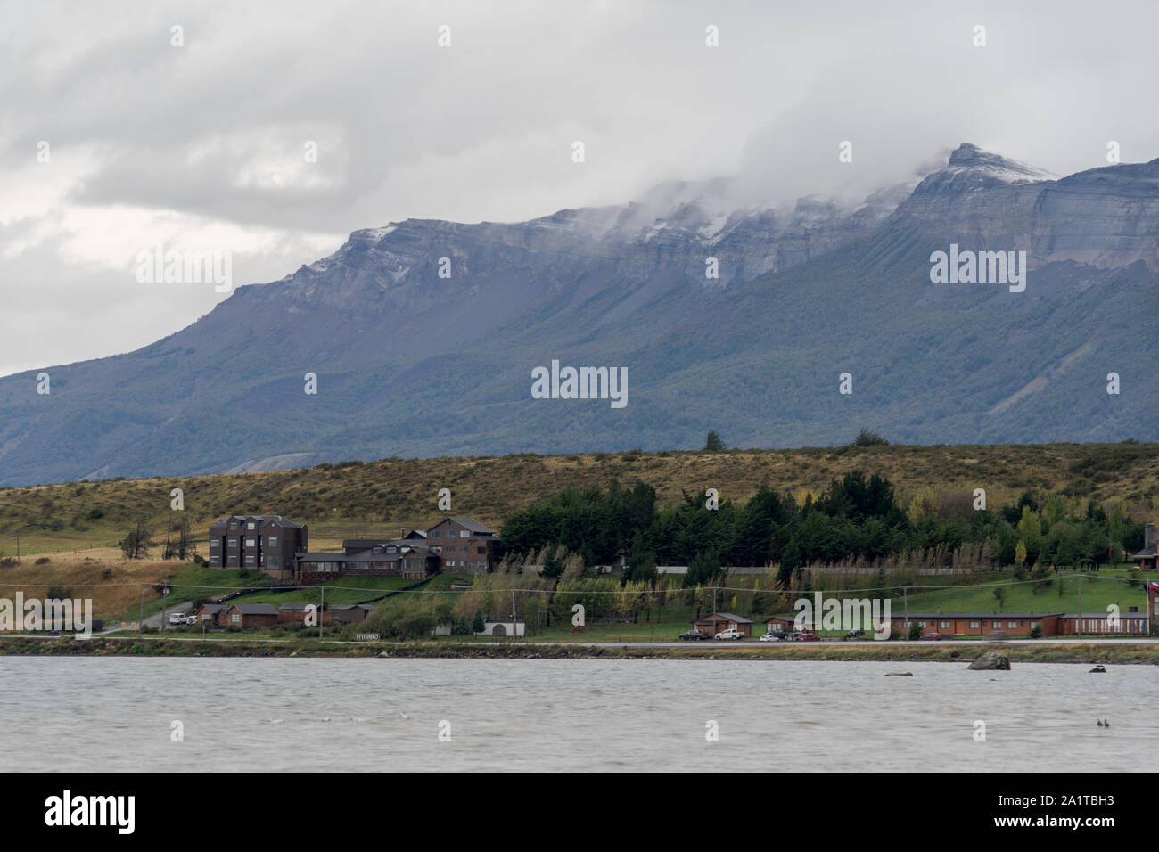 View of Mountains outside of Puerto Natales Chile Stock Photo