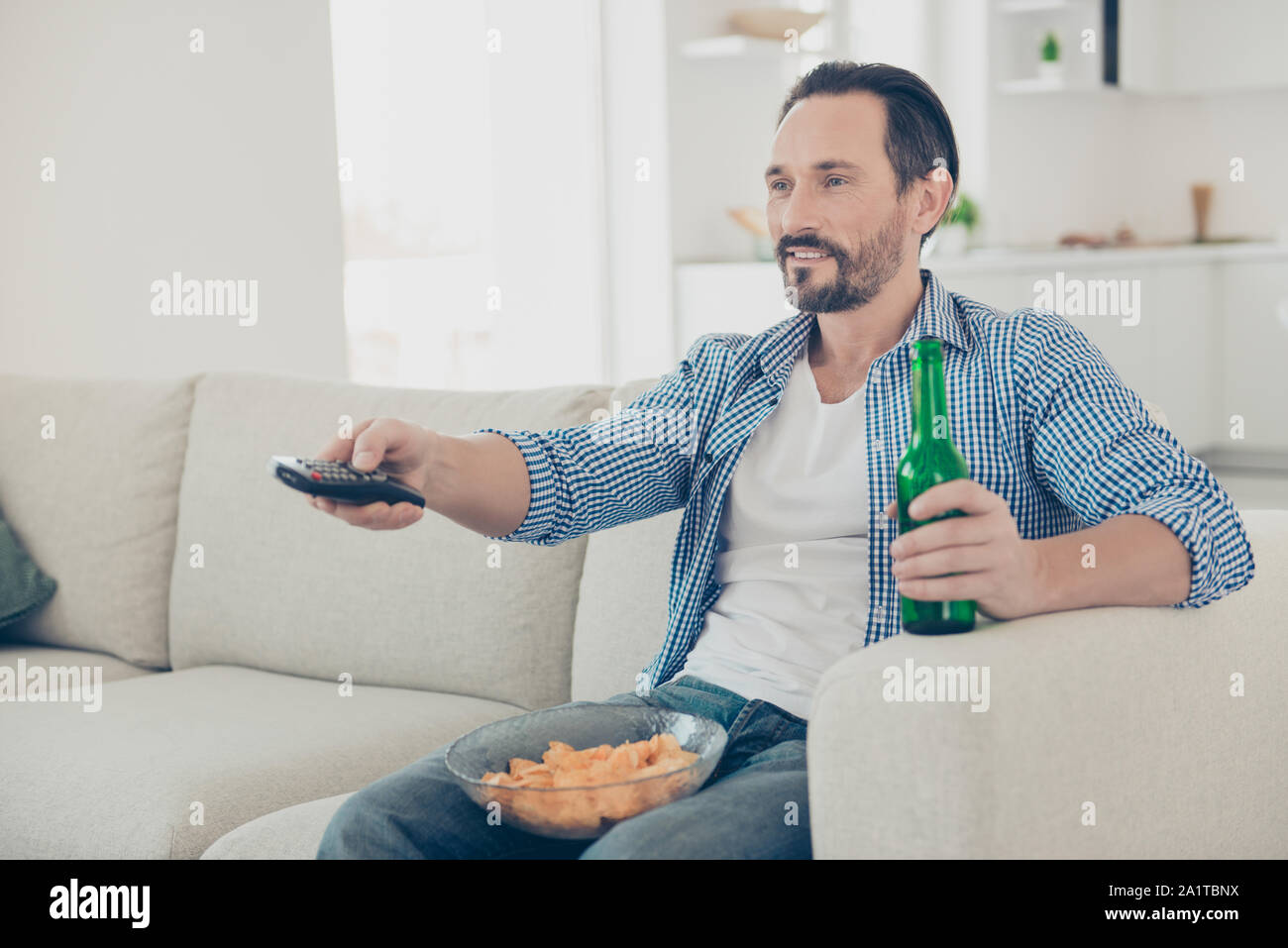 Half Turn Calm Confident Glad Man Sit On Comfort Cosy Couch Insi