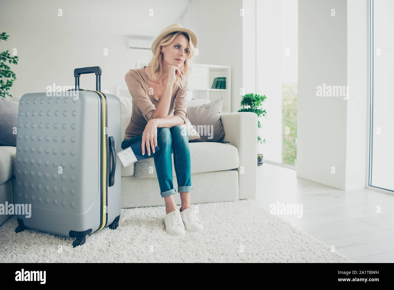 Full legs body size exhausted ponder think pensive curly wavy la Stock