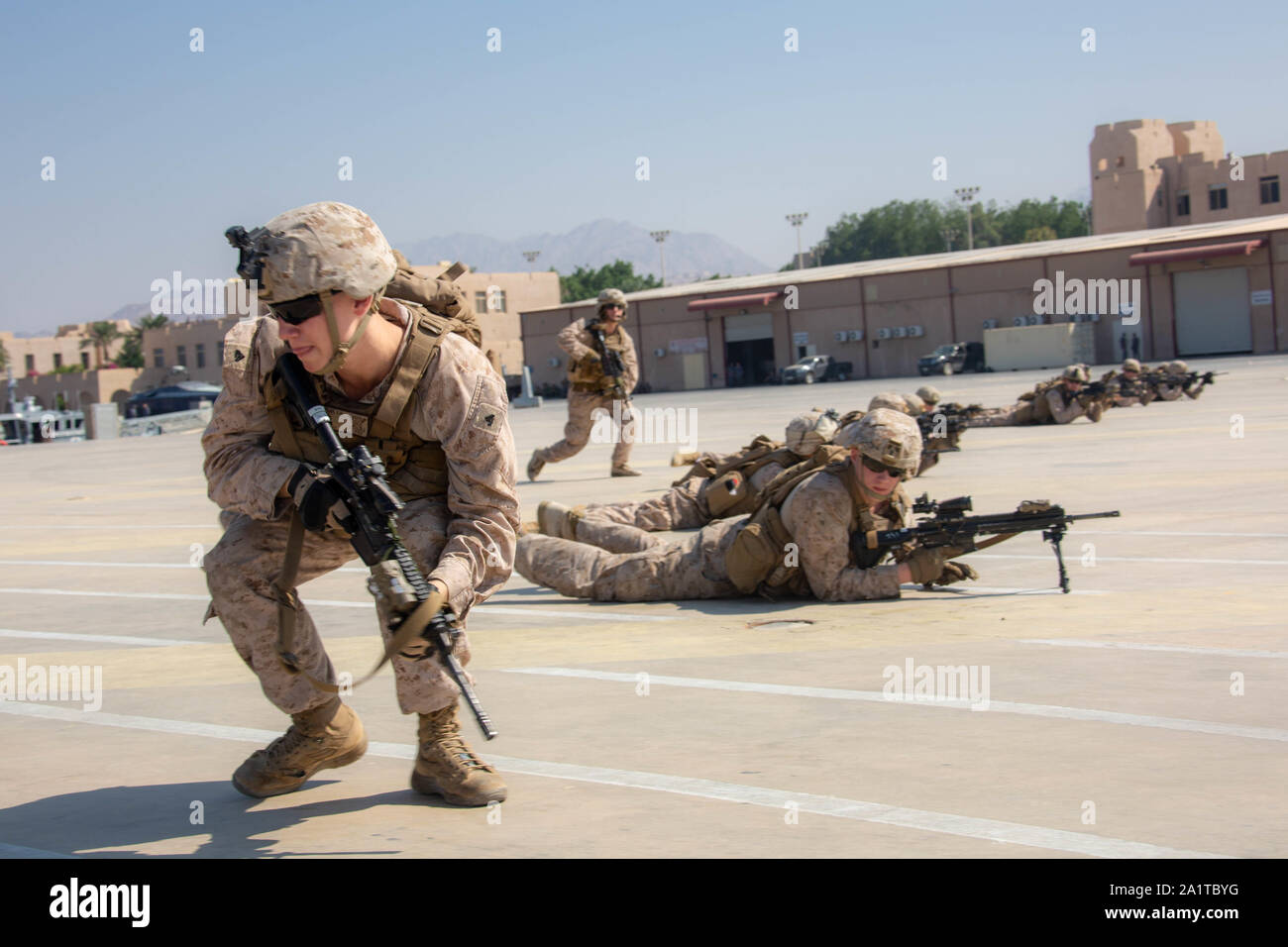 U.S. Marines with 1st Battalion, 7th Marine Regiment, attached to Special Purpose Marine AirGround Task Force-Crisis Response-Central Command, rehearse a simulated air-raid during the Middle East Amphibious Commanders Symposium, Jordan, Sept. 22, 2019. The SPMAGTF-CR-CC is designed to move with speed and precision to support operations throughout the Middle East. (U.S. Marine Corps photo by Cpl Rhita Daniel) Stock Photo