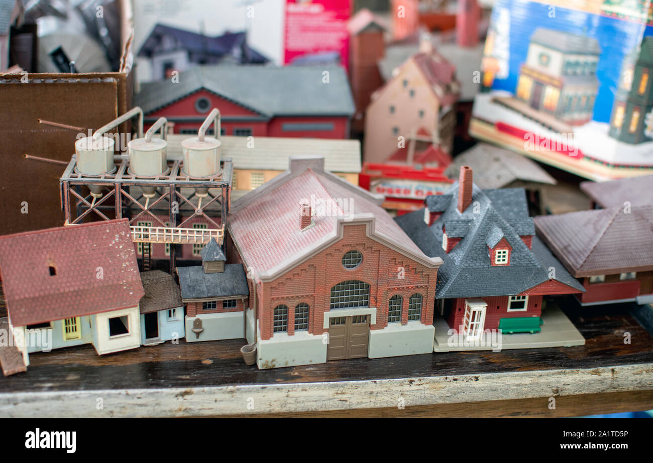 Model train hobbyists enjoy these small model houses, and add them to model railroad layouts to make the set look real, just miniature Stock Photo