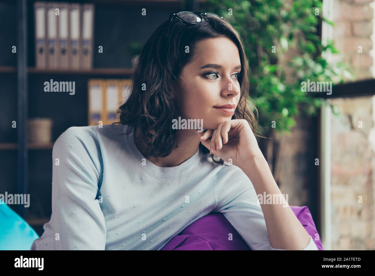 Closeup profile side view portrait of nice cute attractive char Stock