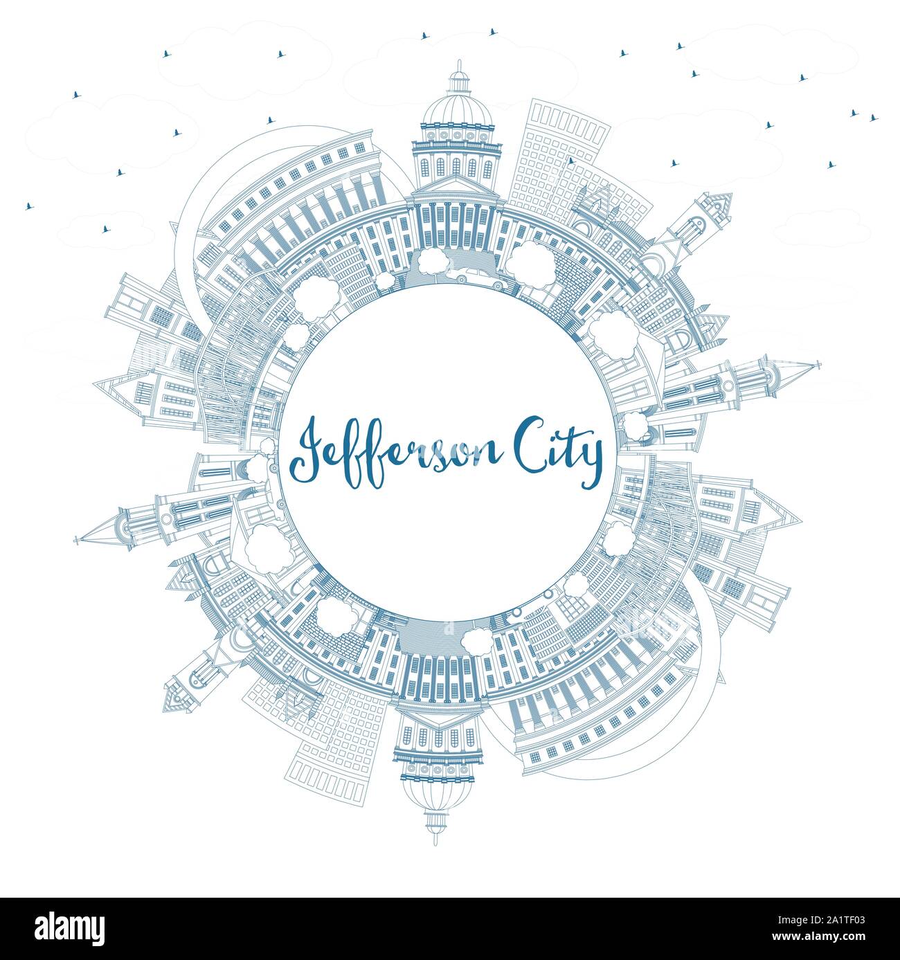 Outline Jefferson City Missouri Skyline with Blue Buildings and Copy Space. Vector Illustration. Business Travel and Tourism Concept. Stock Vector