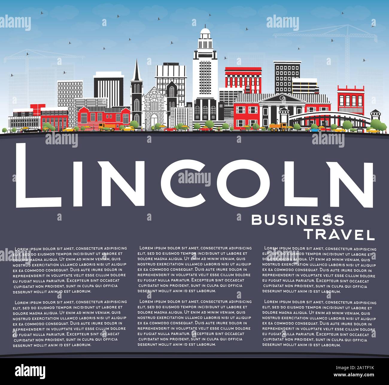 Lincoln Nebraska City Skyline with Color Buildings, Blue Sky and Copy
