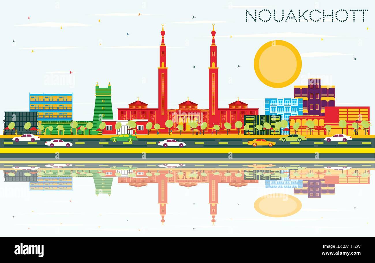 Nouakchott Mauritania City Skyline with Color Buildings, Blue Sky and Reflections. Vector Illustration. Stock Vector