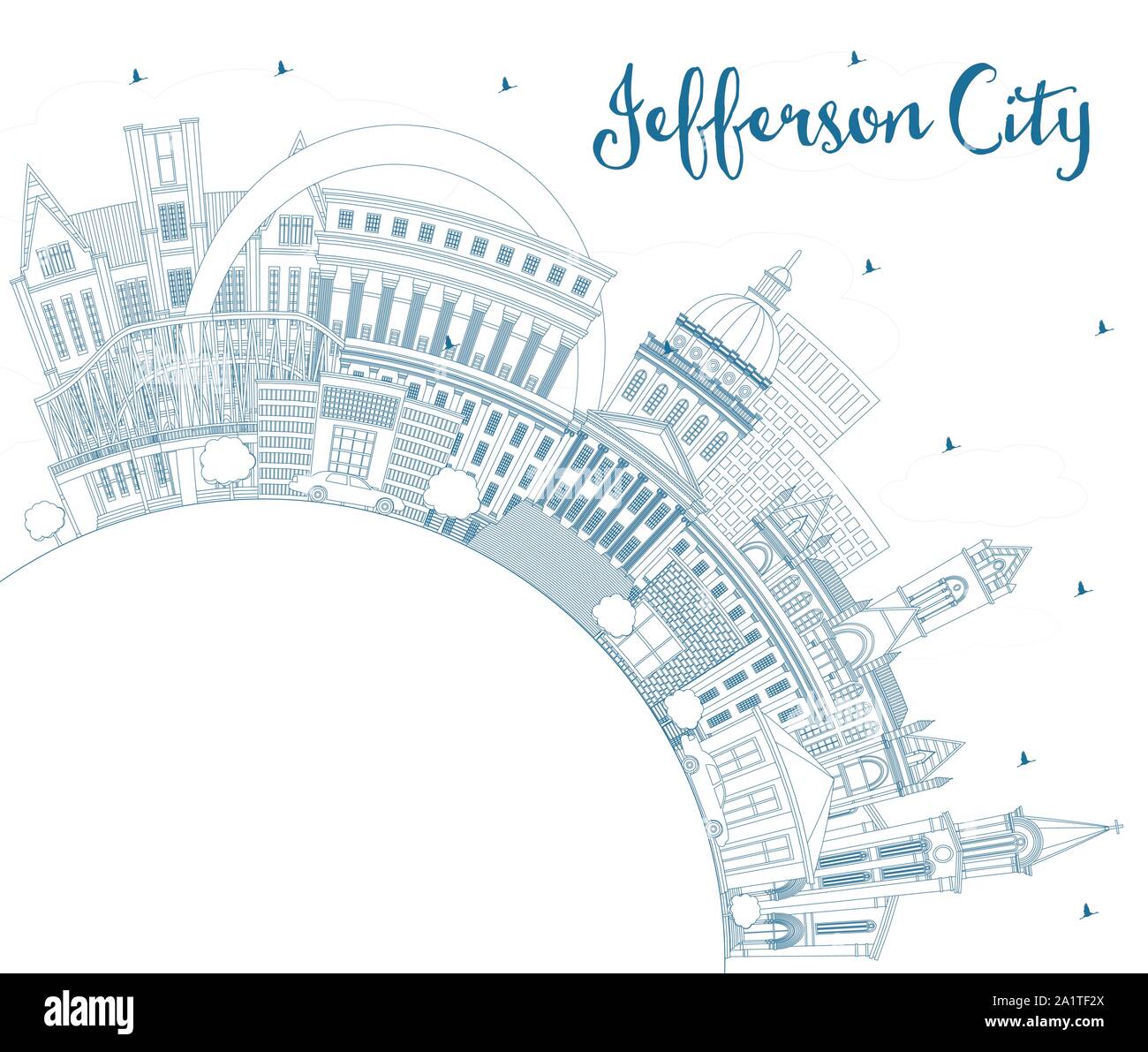 Outline Jefferson City Missouri Skyline with Blue Buildings and Copy Space. Vector Illustration. Business Travel and Tourism Concept. Stock Vector