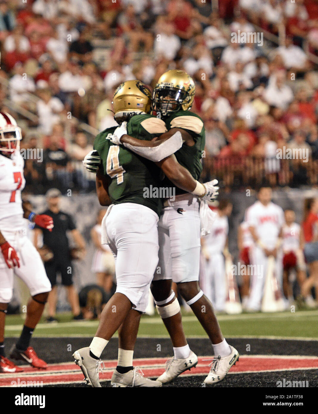 September 28, 2019: UAB Blazers running back Spencer Brown (4) celebrates with UAB Blazers wide receiver Austin Watkins (6) during a NCAA football game between the UAB Blazers and the WKU Hilltoppers at Houchens Industries-LT Smith Stadium (Photo Credit: Steve Roberts.CSM) Stock Photo