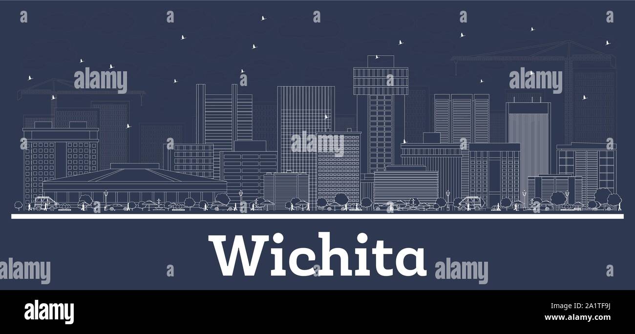 Outline Wichita Kansas City Skyline with White Buildings. 