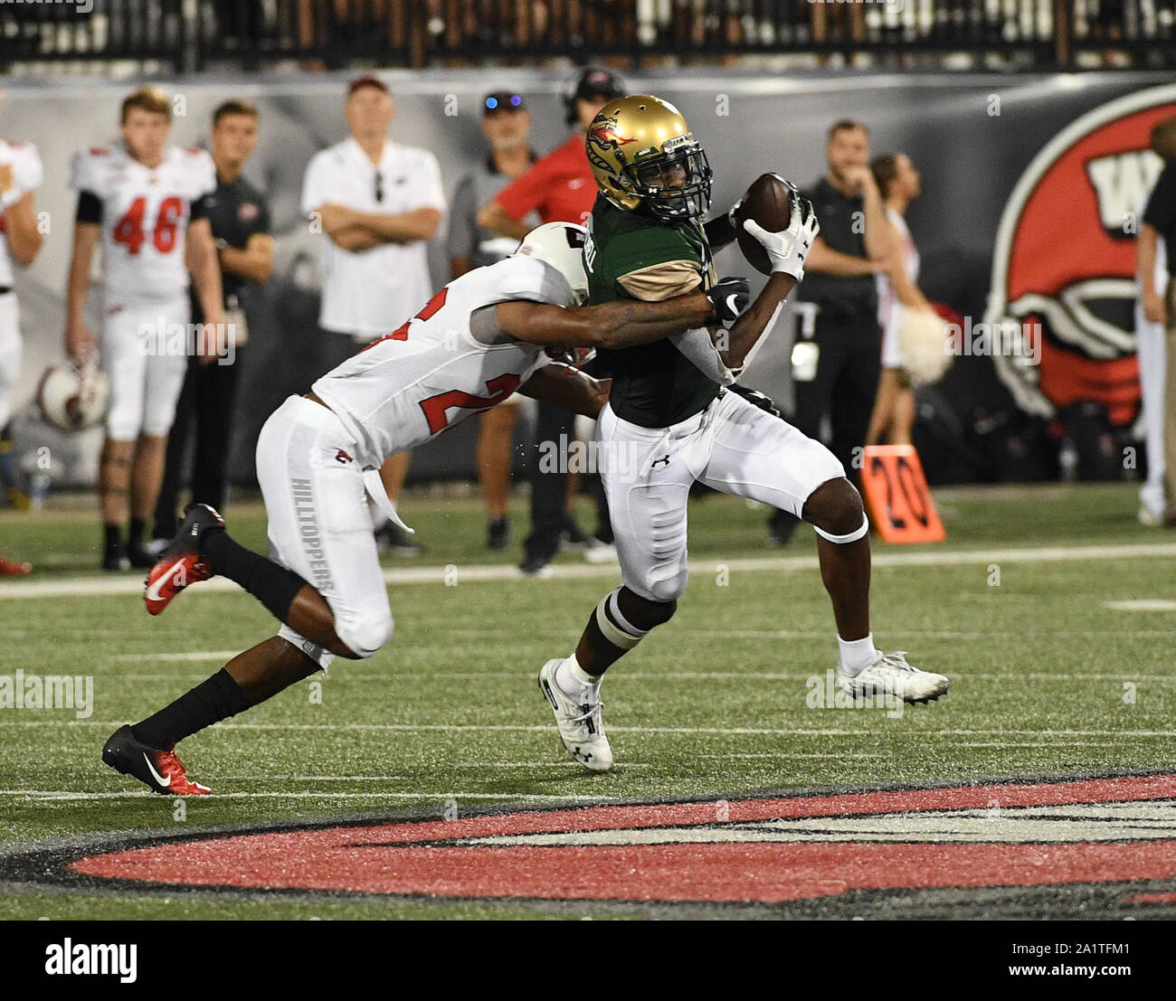September 28, 2019: Western Kentucky Hilltoppers defensive back Cardavion Myers (22) tackes UAB Blazers wide receiver Austin Watkins (6) during a NCAA football game between the UAB Blazers and the WKU Hilltoppers at Houchens Industries-LT Smith Stadium (Photo Credit: Steve Roberts.CSM) Stock Photo