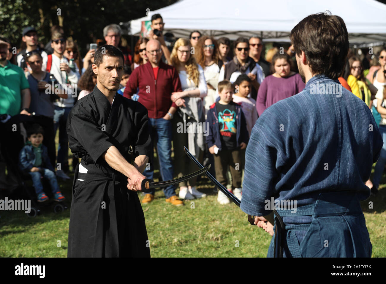 Montevideo, Uruguay. 28th Sep, 2019. Kendo instructors seen demonstrating with a real katanas during the Japan Fest 2019 in Montevideo.Every year, the Japanese Embassy in Uruguay organizes the Japan festival with the idea of making Japanese culture known in Uruguay, the Japan Festival shows martial arts, gastronomy, dance, music and floriculture to the Uruguayan people. Credit: SOPA Images Limited/Alamy Live News Stock Photo