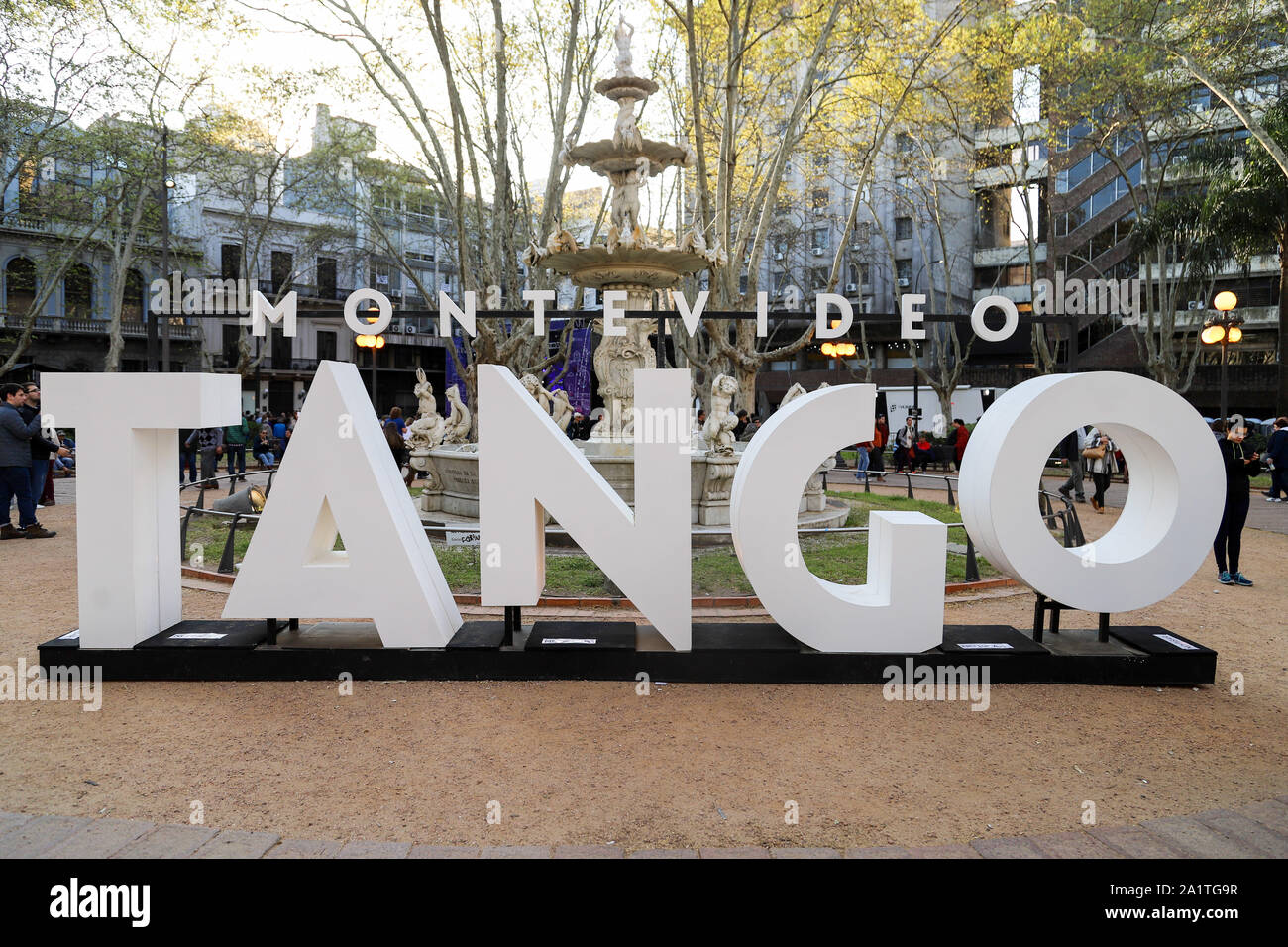 Montevideo, Uruguay. 28th Sep, 2019. Singboard of Montevideo Tango in the Matriz square in