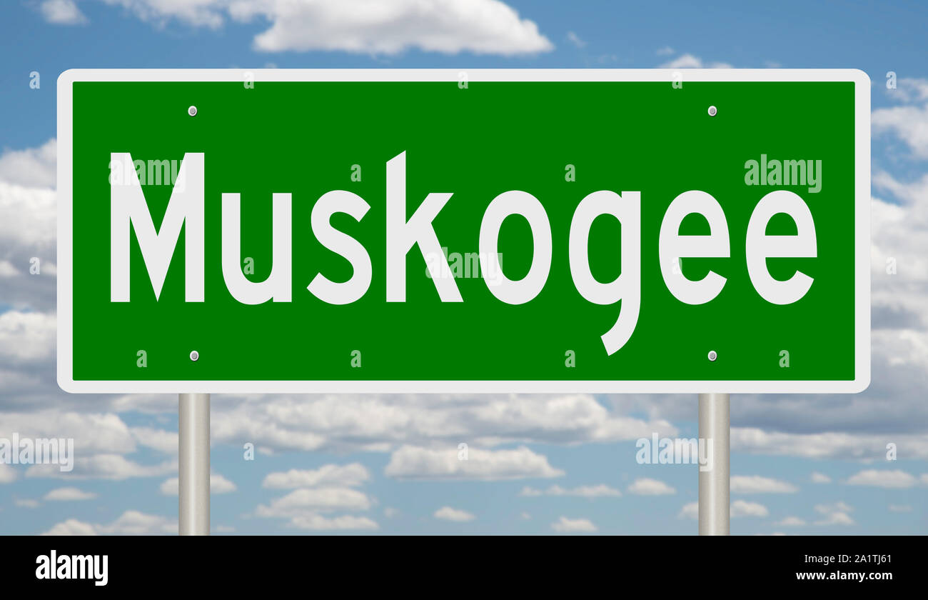 Rendering of a green highway sign for Muskogee Oklahoma Stock Photo - Alamy