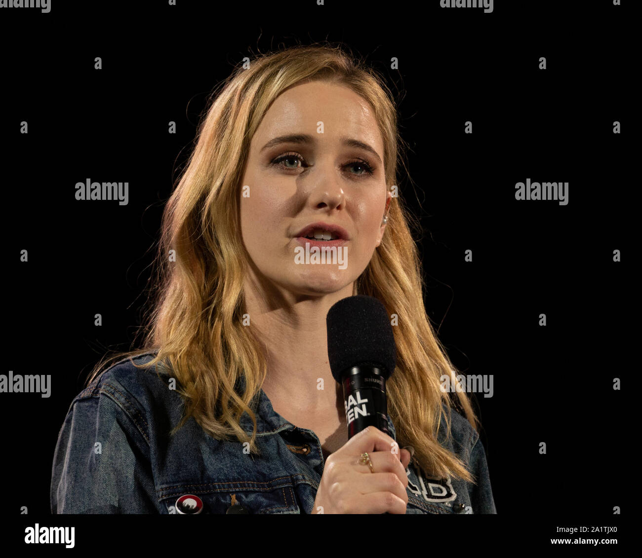 New York, NY - September 28, 2019: Rachel Brosnahan speaks on stage
