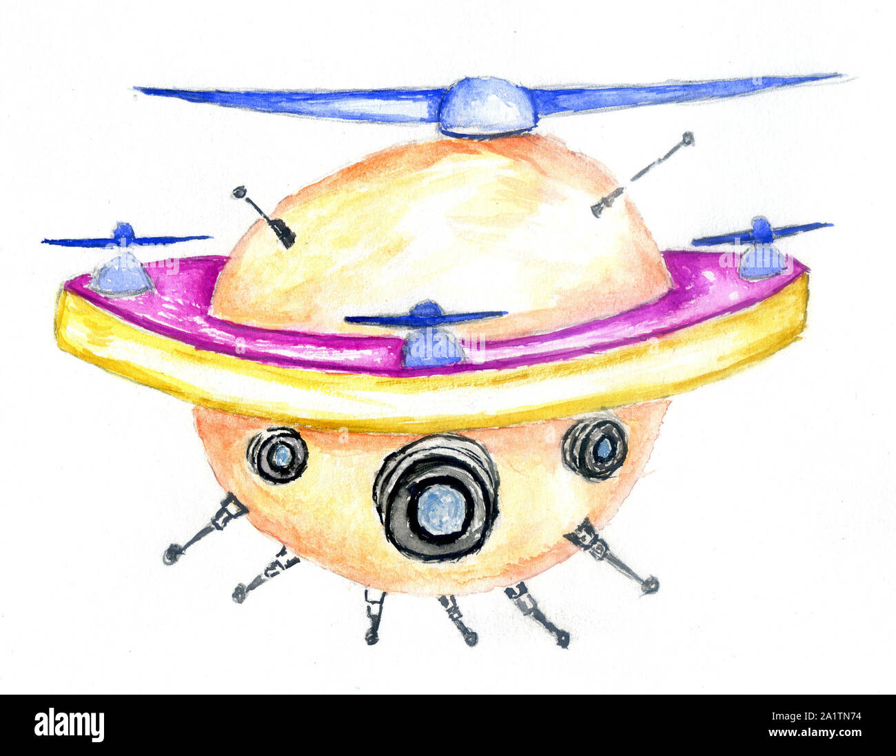 Abstract futuristic drone with camera design, watercolor illustration ...