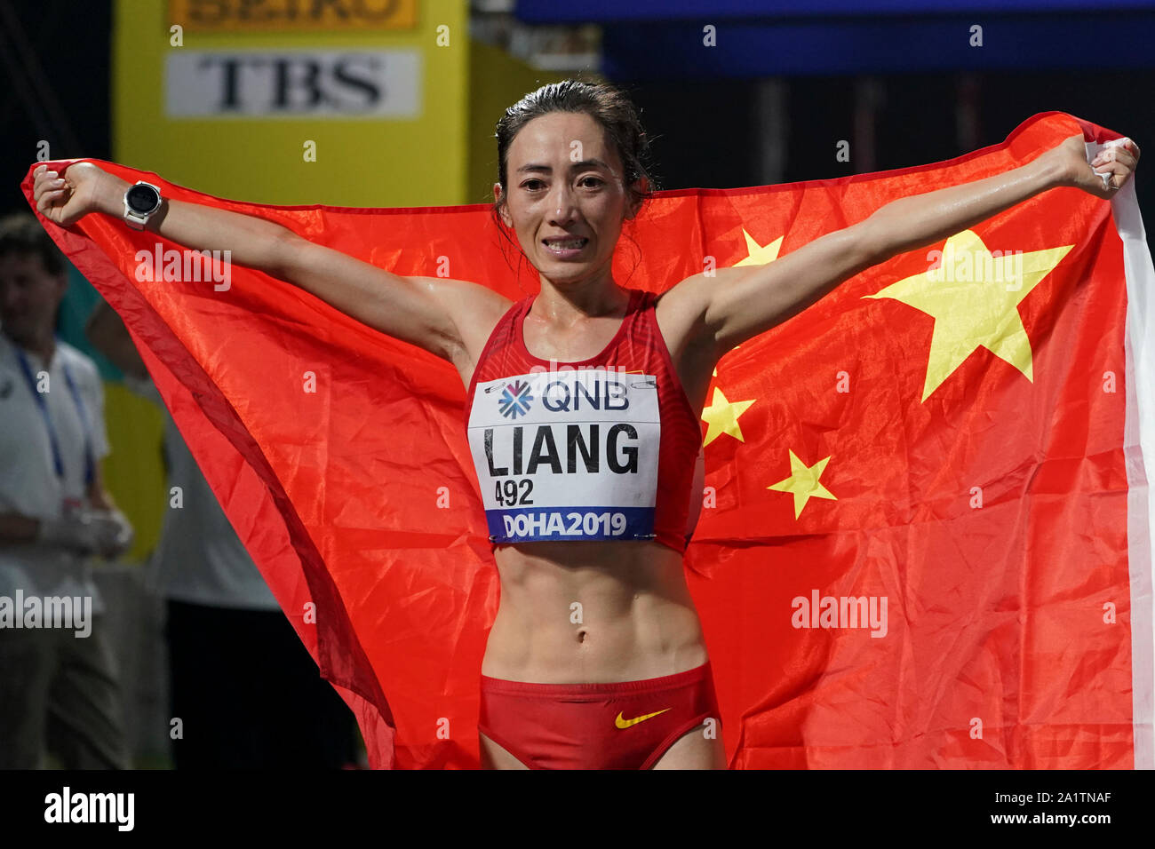 Doha, Qatar. 29th Sep, 2019. Liang Rui of China celebrates after the  women's 50km race walk