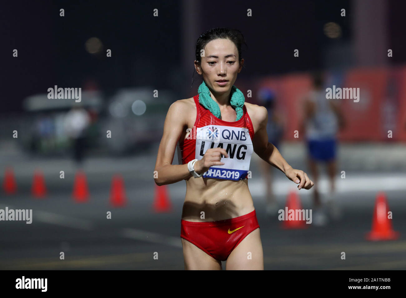 Doha, Qatar. 29th Sep, 2019. Liang Rui of China competes during the women's  50km race walk