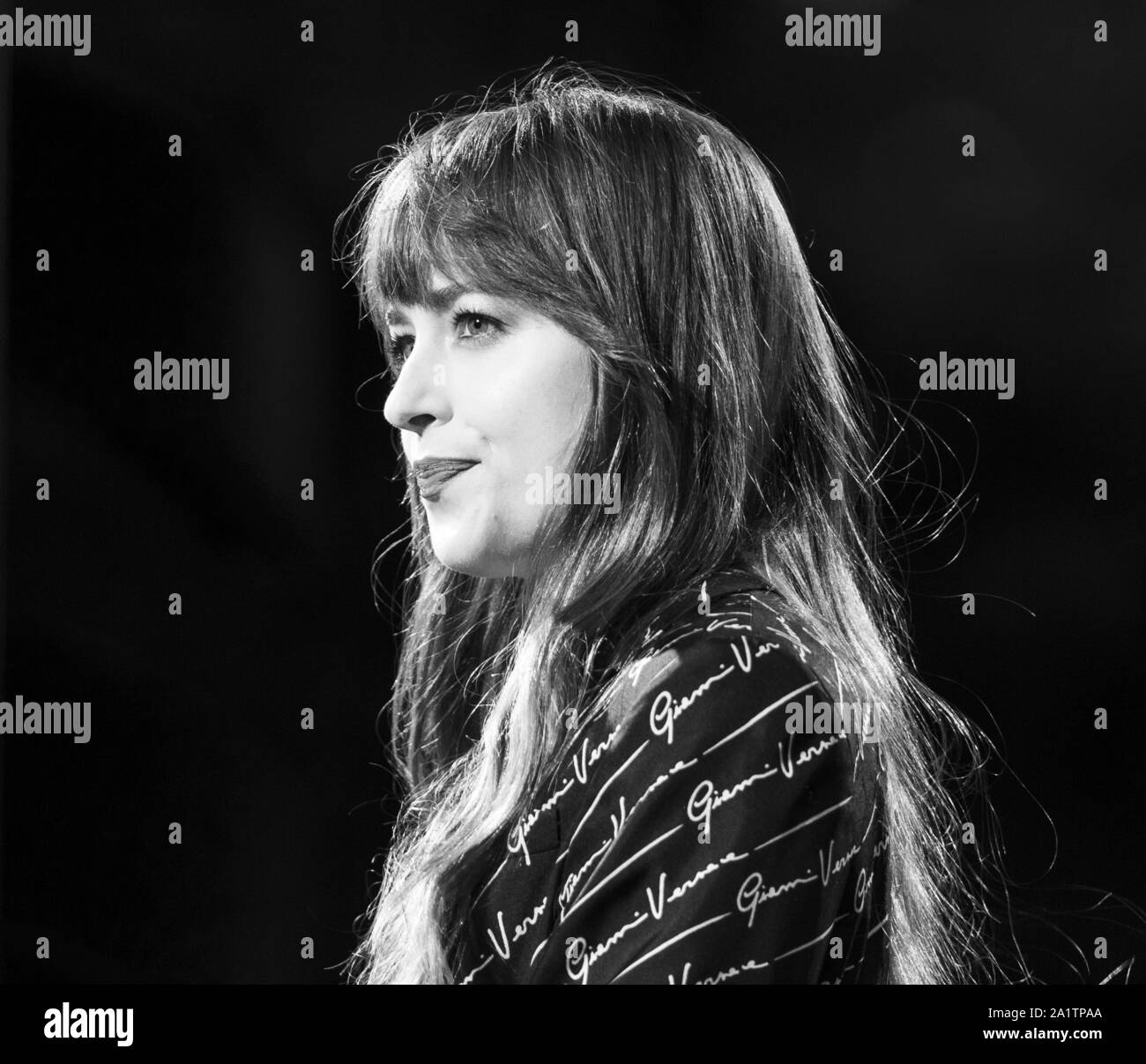 New York, NY - September 28, 2019: Dakota Johnson speaks on stage