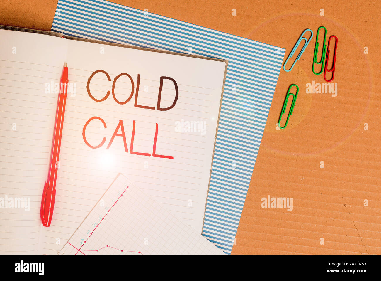 Writing note showing Cold Call. Business concept for Unsolicited call made by someone trying to sell goods or services Striped paperboard notebook car Stock Photo