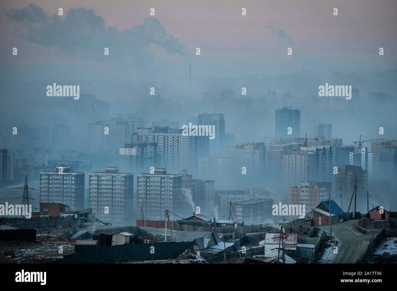 Heavy pollution engulfs the capital Ulaanbaatar, Mongolia. Stock Photo