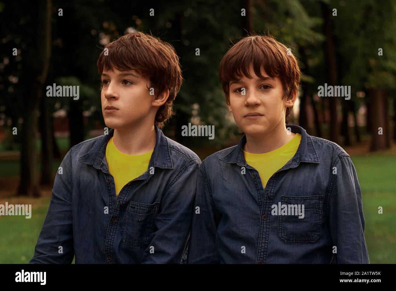Twins teenagers boys in the park. Transformation from a boy to a man. Transitional age Stock Photo