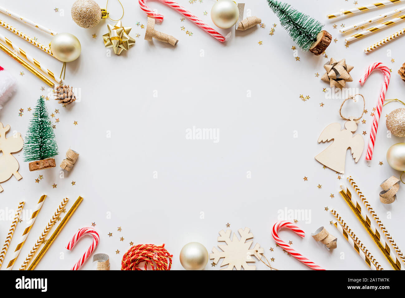 Christmas Composition With Toys And Accessories On White Background Greeting Card Winter Holidays Xmas Celebration Flat Lay Top View Mockup Stock Photo Alamy