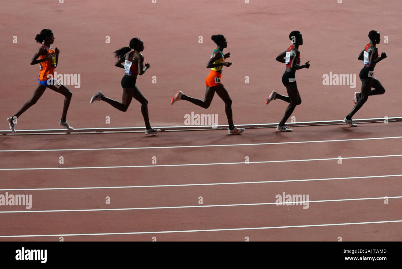 Doha, Qatar. 28th Sep, 2019. Athletes compete during the women's 10,000m final at the 2019 IAAF World Championships in Doha, Qatar, Sept. 28, 2019. Credit: Wang Jingqiang/Xinhua/Alamy Live News Stock Photo