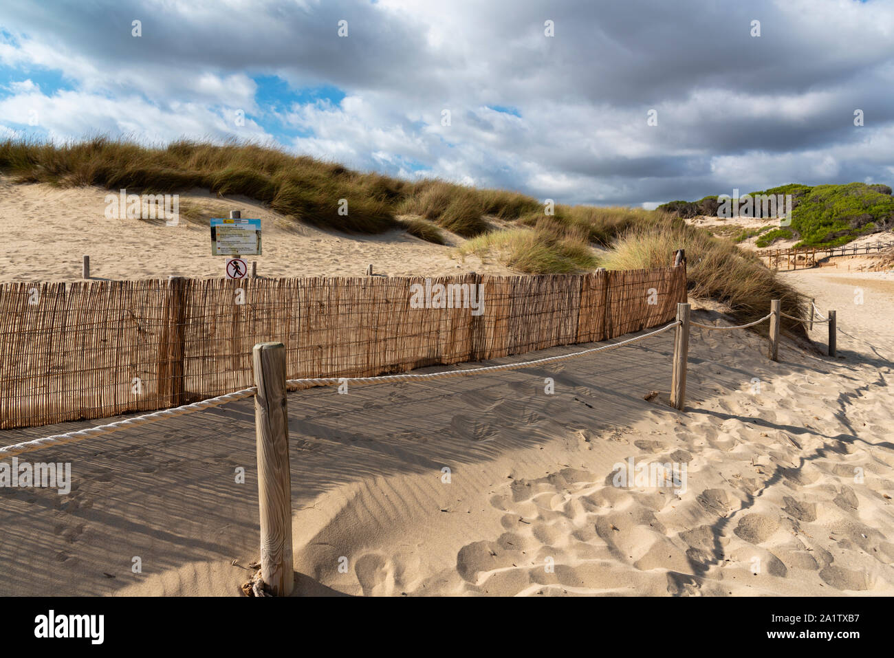 Mallorca, Spain, August 16 2019: sign prohibiting access to the regeneration sand dune reserve, Cala Mesquida beach Majorca Spain Stock Photo