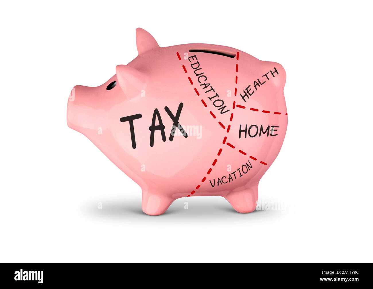 High tax concept, divided piggy bank on white Stock Photo