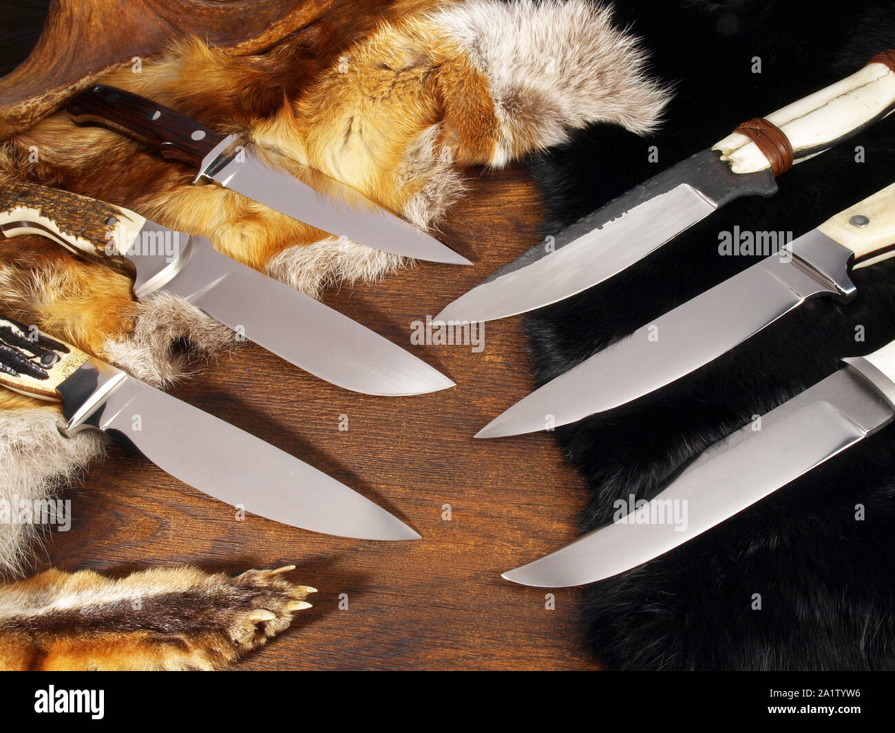 Unique Hunting Knives on wodden Background Stock Photo Alamy