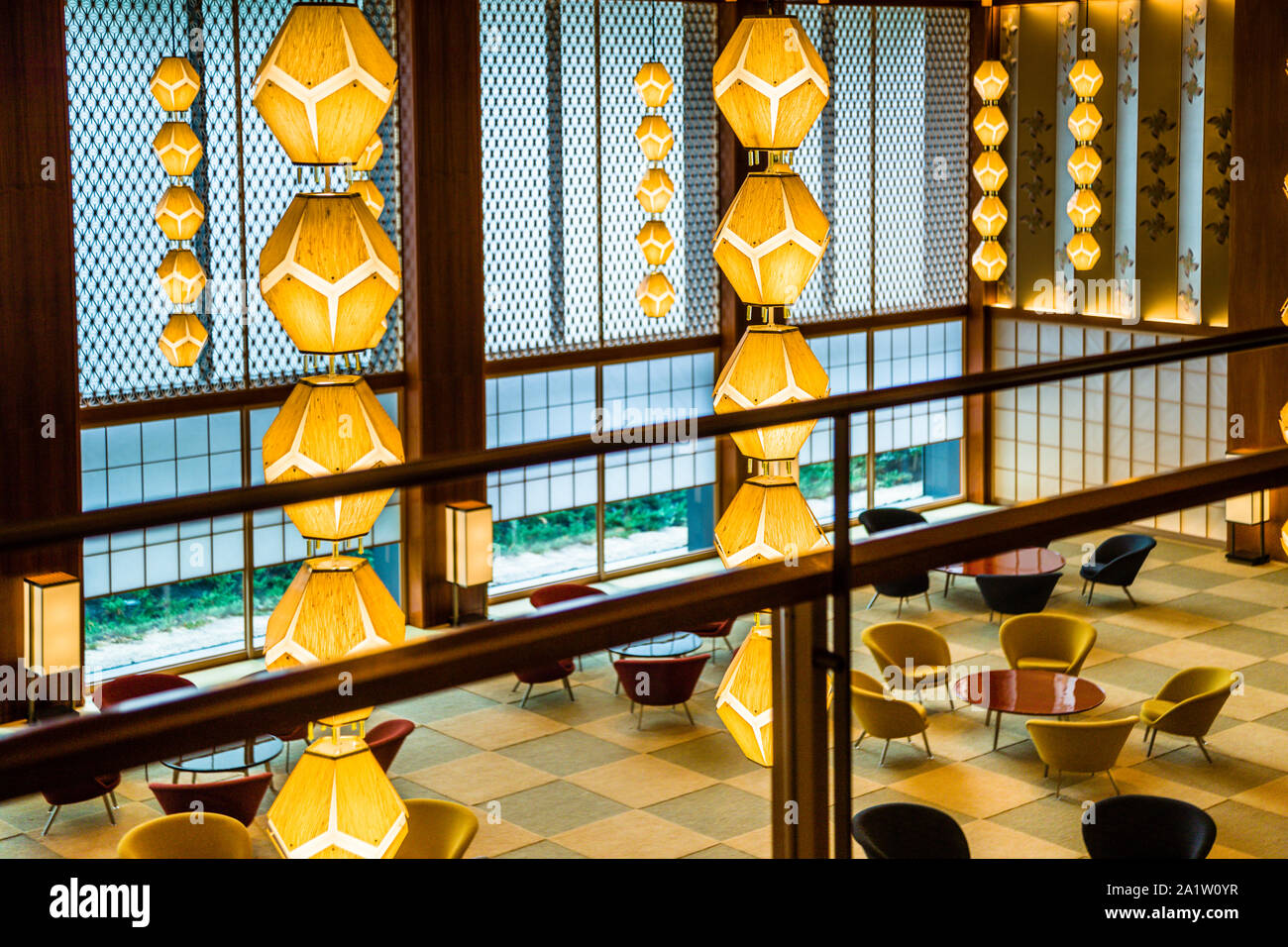 Interior of the Okura Hotel in Tokyo, Japan. The legendary waiting area of the lobby. The centerpiece is an almost perfect replica of the original. Reportedly, guests cried when they first saw the lobby. The new edition is so reminiscent of the original from 1962 Stock Photo