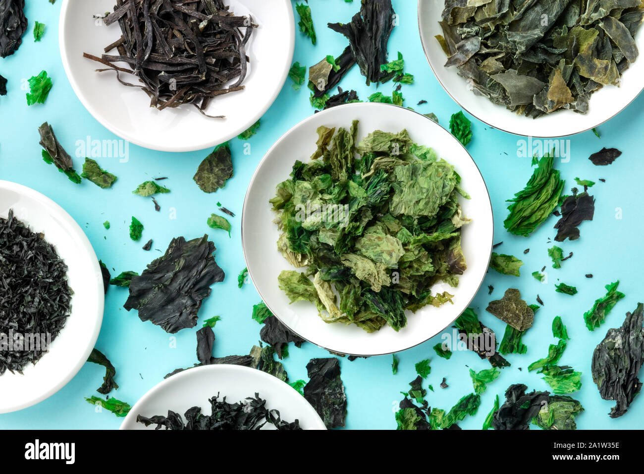 Dry seaweed, sea vegetables, top shot on a teal background Stock Photo