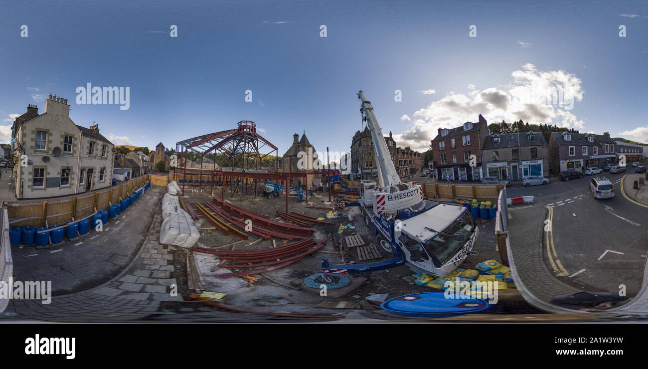 Galashiels, UK. 28.Sep.2019.   Great Tapestry of Scotland Building, Galashiels Construction site in the centre of Galashiels, for the new building being built to house the Great Tapestry of Scotland.  A360 image captured from out with the safety fences, shows the heavy lifting machinery and the steel skeleton structure taking shape.  (Photo: Rob Gray) Credit: Rob Gray/Alamy Live News Stock Photo