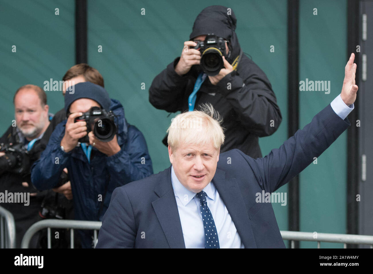 Prime Minister Boris Johnson arrives at the BBC's Andrew Marr show at Media City in Salford before opening the Conservative party annual conference at the Manchester Convention Centre. Stock Photo