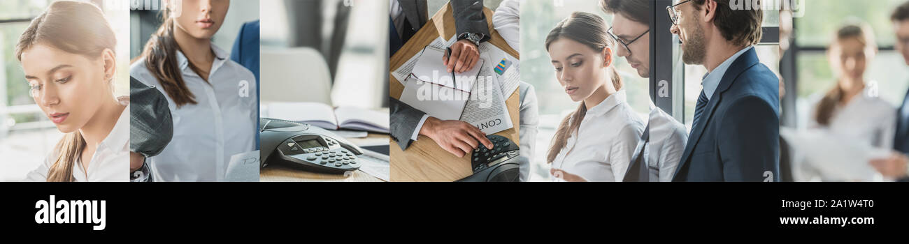 collage of businessman and businesswoman working in office Stock Photo ...