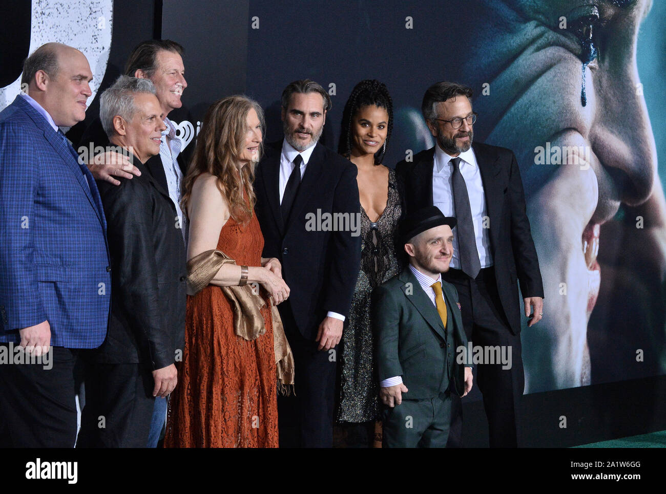 Cast members Glenn Fleshler, Josh Pais, Brett Cullen, Frances Conroy, Joaquin Phoenix, Zazie Beetz, Leigh Gill and Marc Maron (L-R) attend the premiere of the motion picture thriller 'Joker' at the TCL Chinese Theatre in the Hollywood section of Los Angeles on Saturday, September 28, 2019. Storyline: Joker centers around an origin of the iconic arch nemesis and is an original, standalone story not seen before on the big screen. Todd Phillips' exploration of Arthur Fleck (Joaquin Phoenix), a man disregarded by society, is not only a gritty character study, but also a broader cautionary tale. P Stock Photo