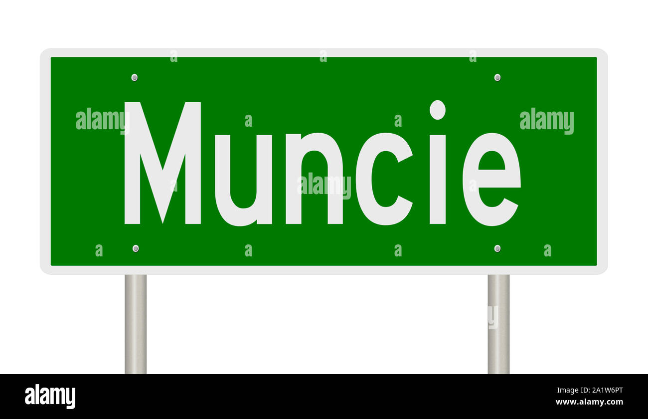 Rendering of a green highway sign for Muncie Indiana Stock Photo
